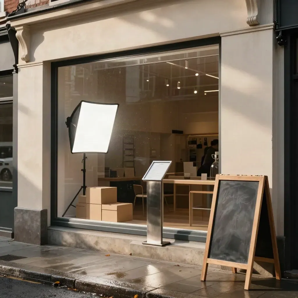Rainy storefront staging with boxes, window reflection, and chalkboard beside a doorway.