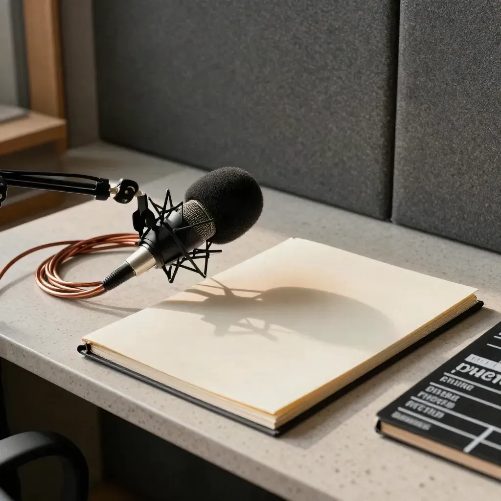 Overhead podcast editing kit on travertine with mic, cable, binder, and acoustic panels.