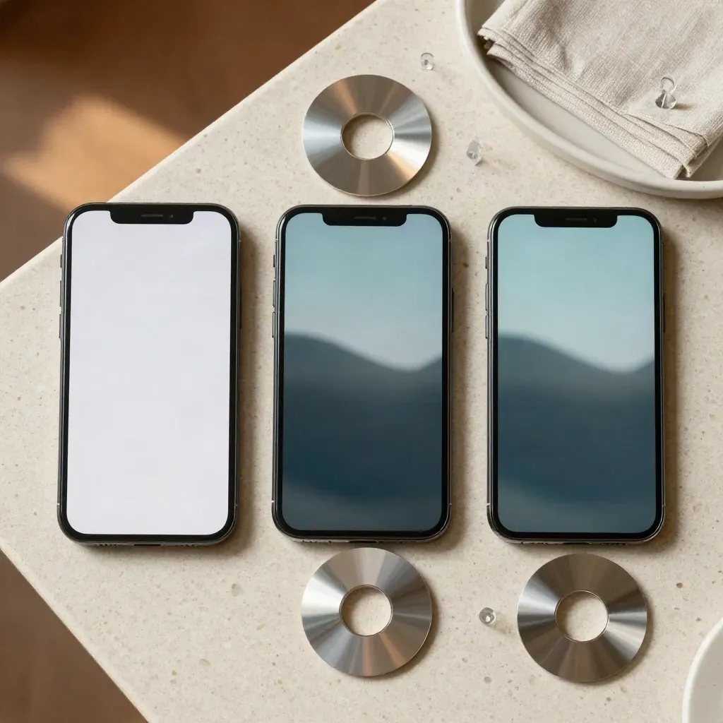 Top-down content studio flatlay with three phone mockups, ring-light disc, and prop tray on travertine.