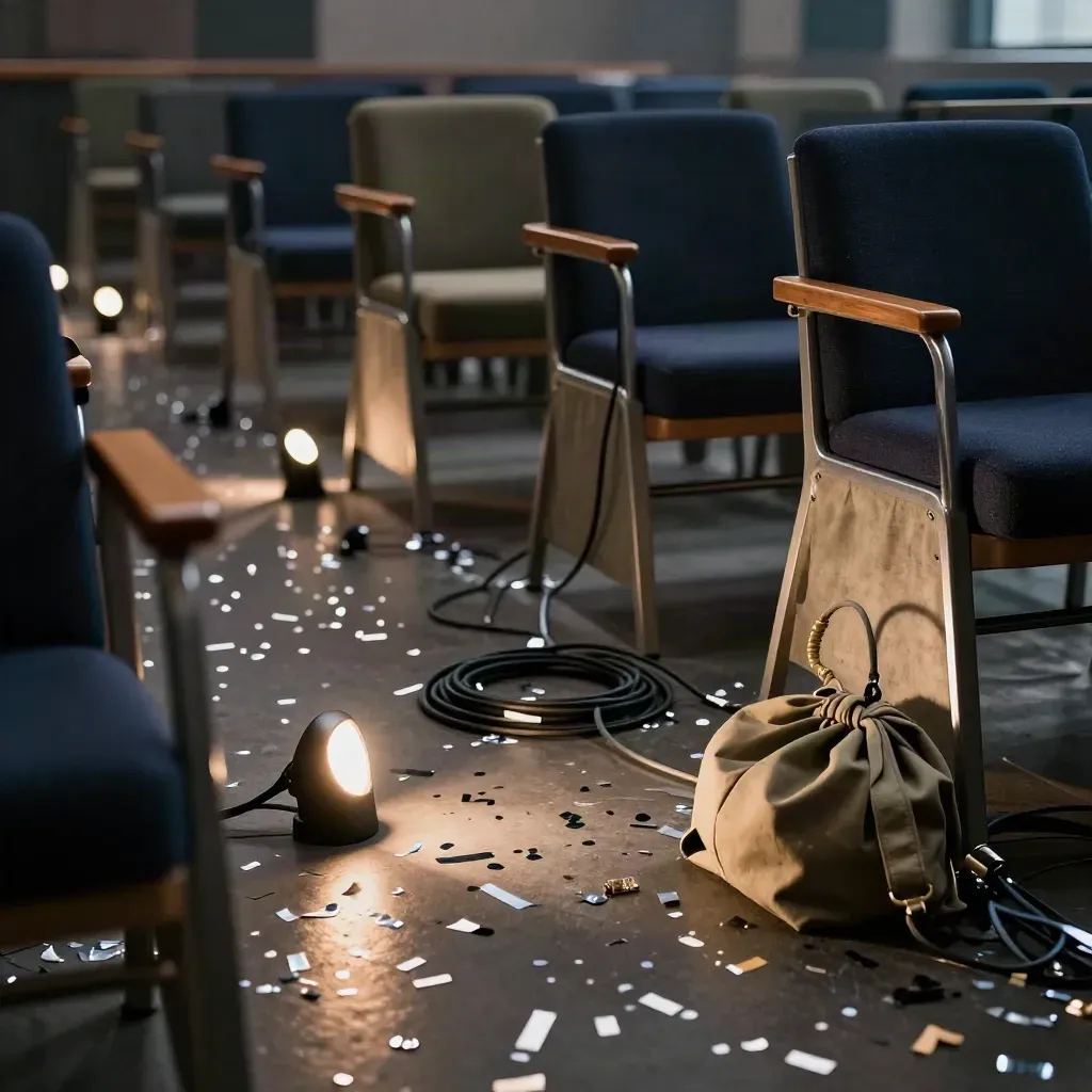 Confetti, uplights, cables and empty chairs in an event room after the crowd clears.