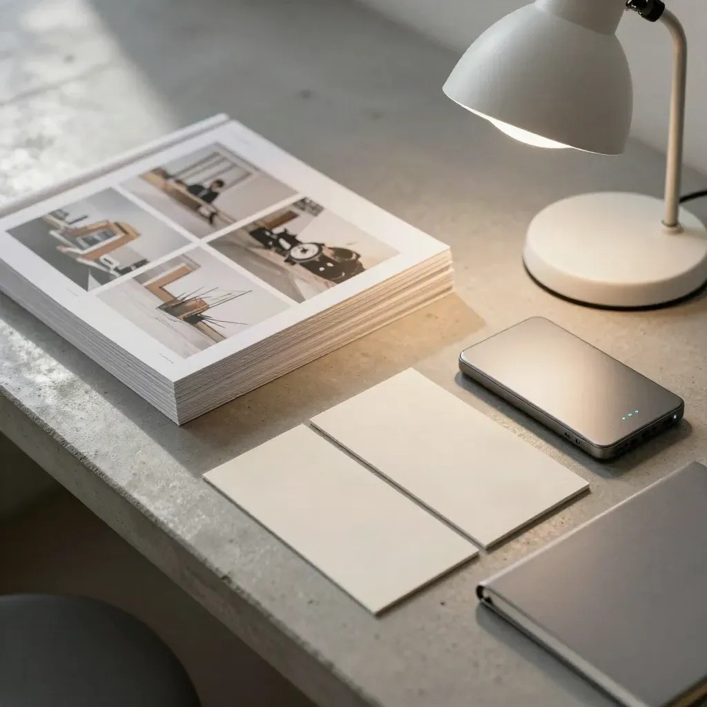 Proof cards, notebook, SSD and lamp on a concrete workbench in a cool studio.