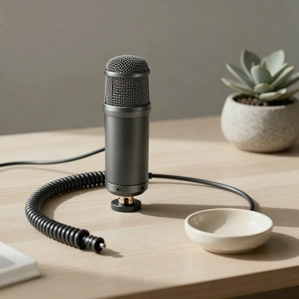 Microphone capsule, audio interface, coiled cable, dish, and plant on a pale wood desk.